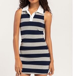 RSQ Striped Sleeveless Polo Dress Navy Gray White Collar Button Size Medium